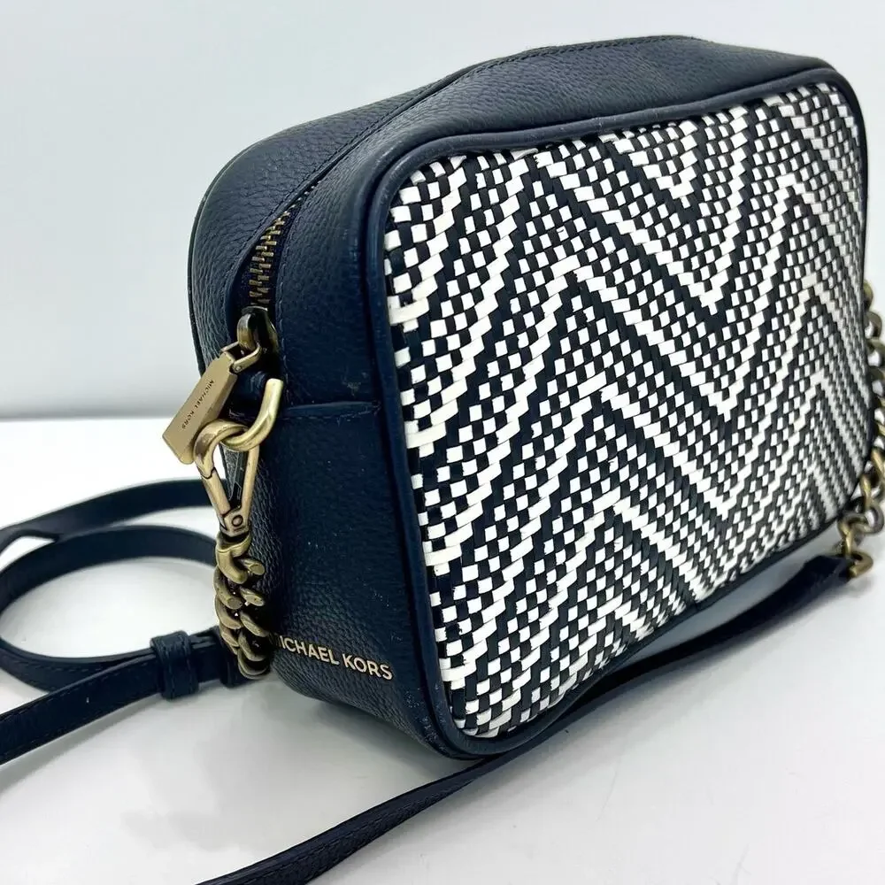 Michael Kors Ginny Camera Crossbody Bag Woven Intrecciato Chevron Leather Navy